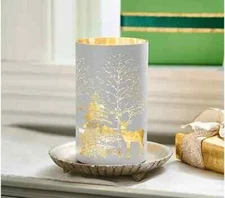 Home Reflections 8" Illuminated Glass Hurricane w/ Winter Scene Woodland Deer