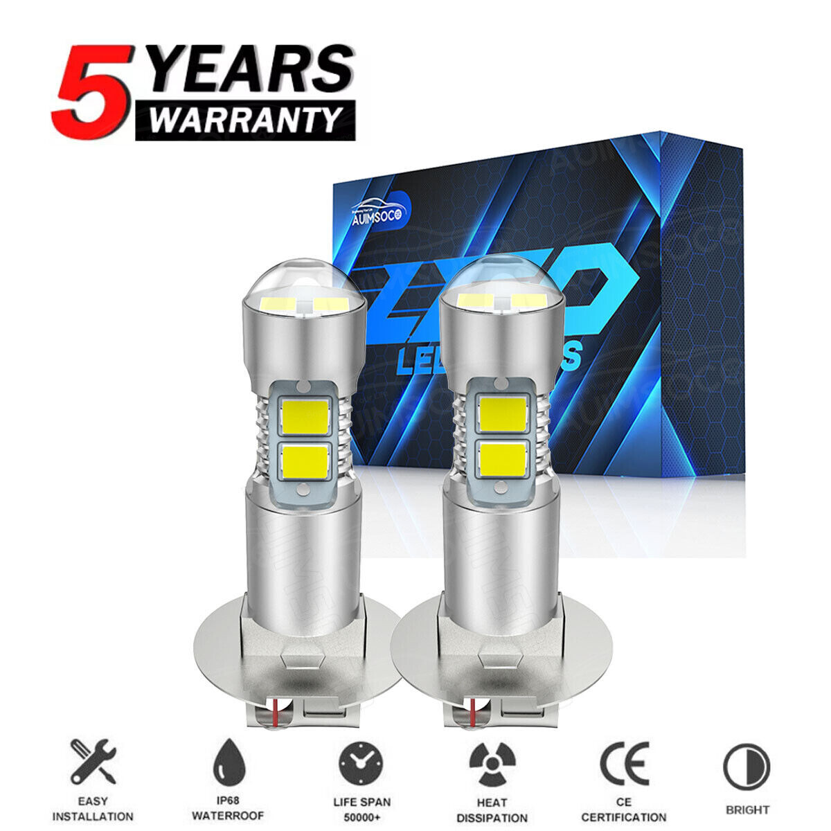 2Pc H3 LED Fog Light Bulb Kit Super Bright 10000K White 55W DRL