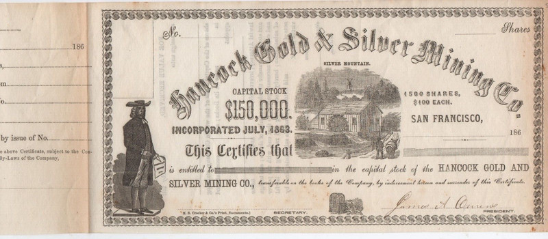 1860s Stock Certificate Hancock Gold & Silver Mining Co San Francisco Signed