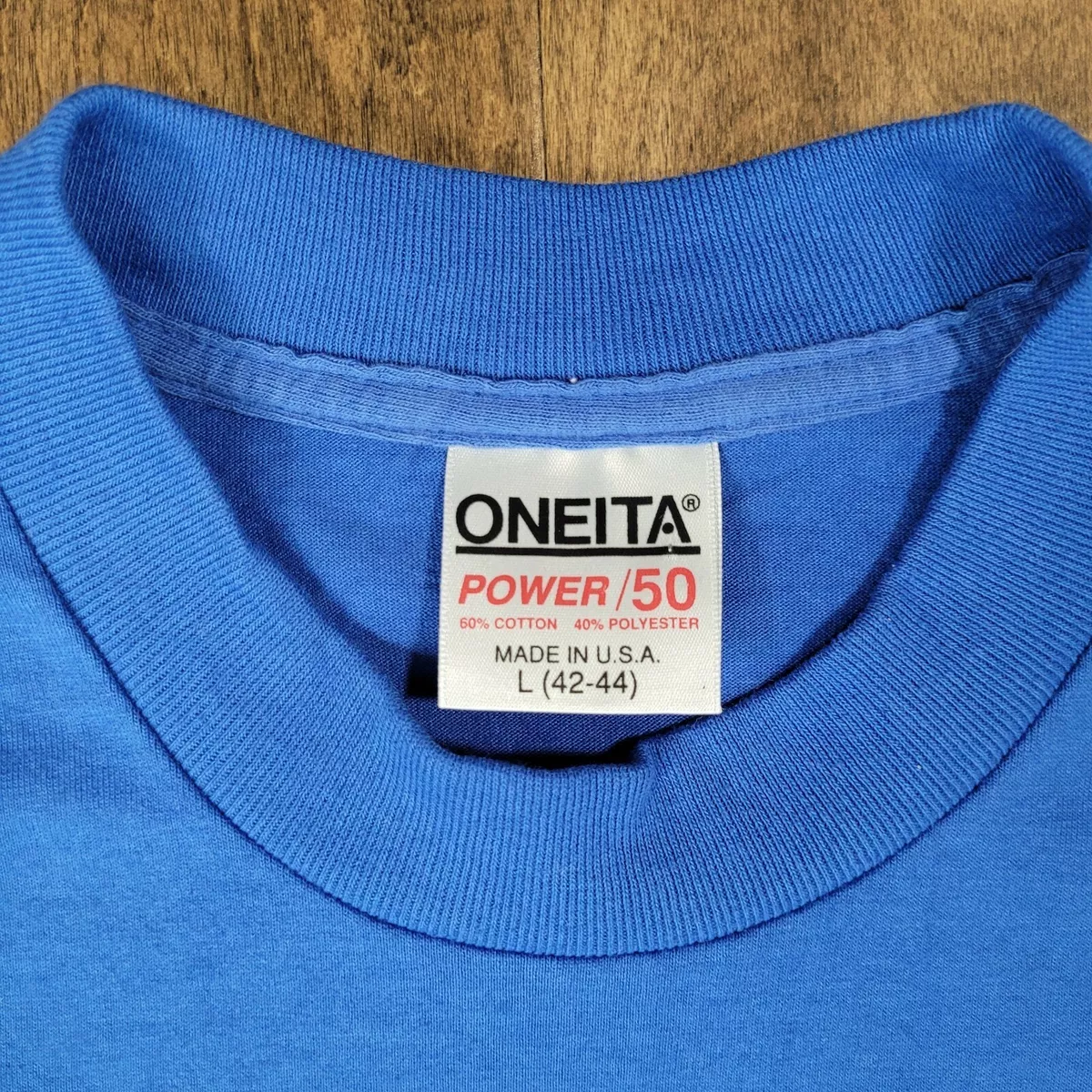 Oneita Power/50 Single Stitch Blue T-Shirt Men Large 60/40 Made in USA