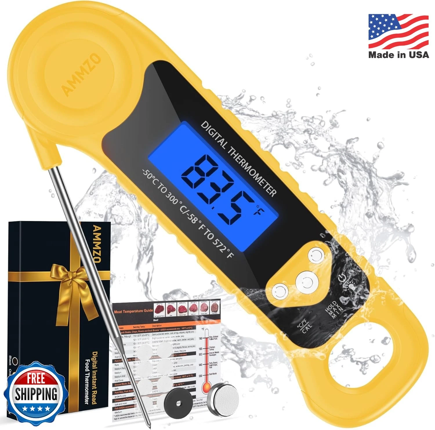 Ammzo Digital Meat Thermometer Waterproof Instant Read BBQ Grill Food Cooking