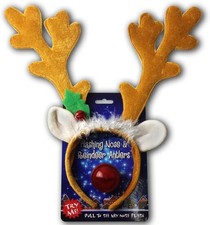 Christmas Holiday Reindeer Antlers Headband w Light Up Nose Costume Deer