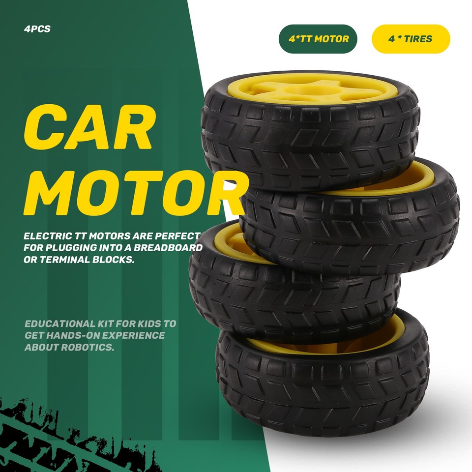Image showcasing 4PCS DC Electric Motor + Plastic TT Motor Tire Wheel Dual Shaft Gear ...
