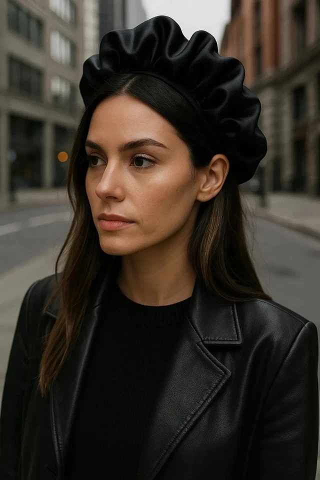 Diadema ancha negra con volantes satinados - Elegante accesorio para el cabello llamativo para mujer Foto 2 de 2