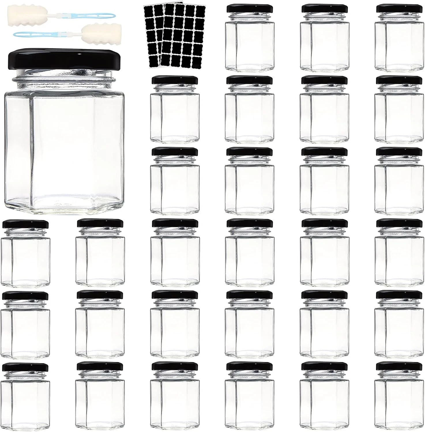 3 OZ Mini Hexagon Glass Jars, 30 Pack Empty Honey Jars Small Spice Jars with Bla
