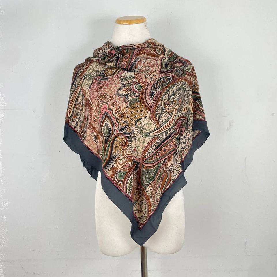 Vintage Floral Paisley Silk Scarf 1980s ECHO Large Square Gray/Pink/Mauve/Olive - Image 3 of 4