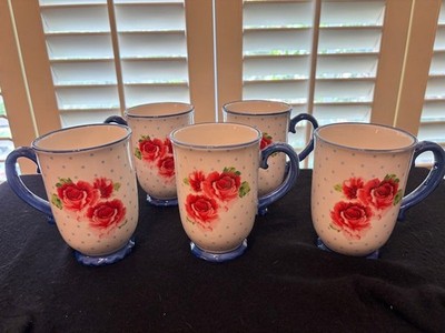 Set of Pioneer Woman White Blue Trim Heritage Floral Roses 18oz Coffee  Tea Mug