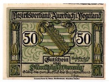 1921 Germany Auerbach Notgeld 50 Pfennig Note (3876)