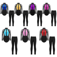 Kids Girls Jumpsuit Two Piece Sports Suit Athletic Leotard Workout Tracksuit