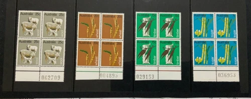 AUSTRALIA DECIMALS:  1969 PRIMARY INDUSTRIES SET IN GUT NUMBERED BLOCKS OF 4 MUH
