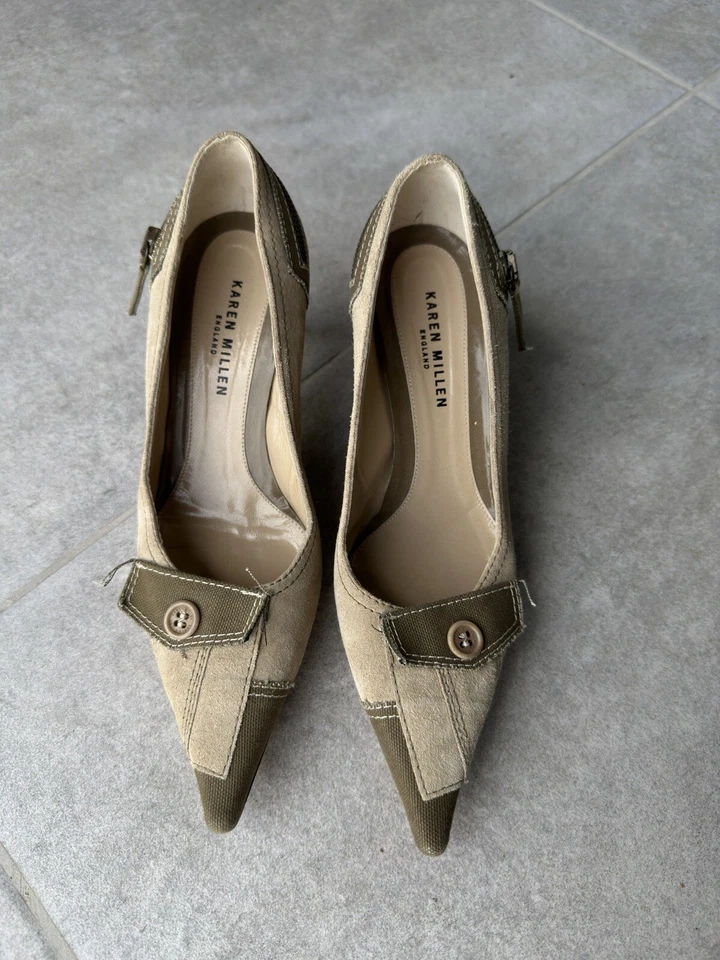 Винтажный Karen Millen кожи замши y2k каблуки 2000`s котенок каблуки туфли джинсовой ткани 36 - Изображение 3 из 4