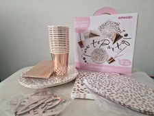Amscan 81 Piece Rose Gold Tableware Party Kit Cups Plates Straws Bunting Hats