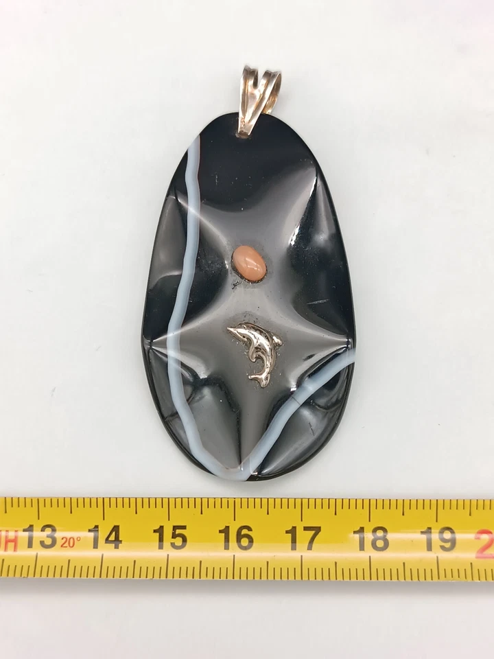 Ciondolo donna argento bianco onice nero naturale corallo rosa pendente pietra - Immagine 2 di 4