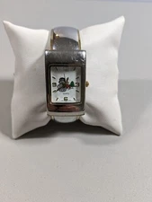 Snowman Christmas Tree Dial Silver Tone Rectangle Case Open Cuff Watch 6 Inch