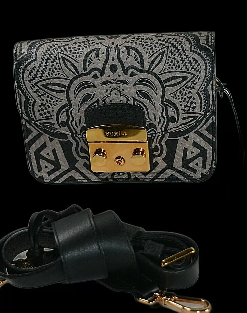NWT FURLA Black/Beige Tan Tribal Graffiti Leather Mini Metropolis