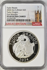2024 UK Tudor Beasts Coin# 6 - Tudor Dragon £5 2oz Silver Proof NGC PF69UC FR