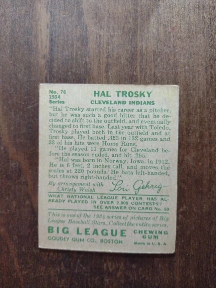1934 Goudey #76 Hal Trosky Cleveland Indians No Creases - Image 2 of 2