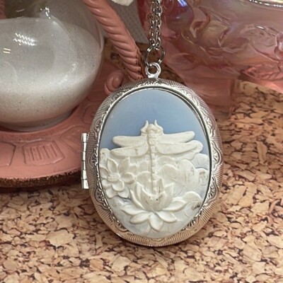 Dragon Fly Locket Blue & White Victorian Necklace birthday gift mom wife sister
