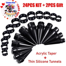 24PCS LARGE SIZE Ear Stretching Kit Acrylic Taper Plugs & Thin Silicone Tunnels