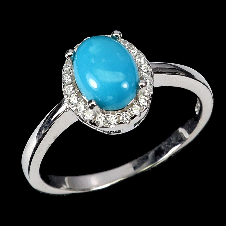 925 Anello Argento Sterling Ovale Turchese 8x6mm Natural Gemma Gioielli Misura 7 - Immagine 2 di 4