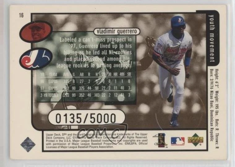 1998 SPx Finite /5000 Vladimir Guerrero #16 HOF - Image 2 of 2