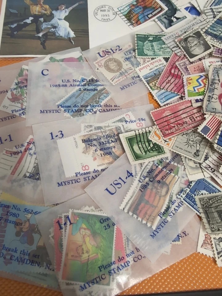Vintage Postage stamp collection Lot Unsorted US W/ Oklahoma 1st Day And Disney  - Image 3 of 4