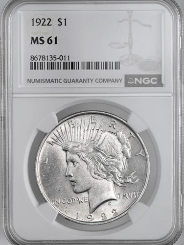 1922-P  $1 PEACE SILVER DOLLAR  "PHILADELPHIA MINT"  NGC MS61 #8678135-011