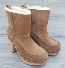UGG Kouri Suede Sheepskin High Heel Clog Boots Chestnut Womens US 7