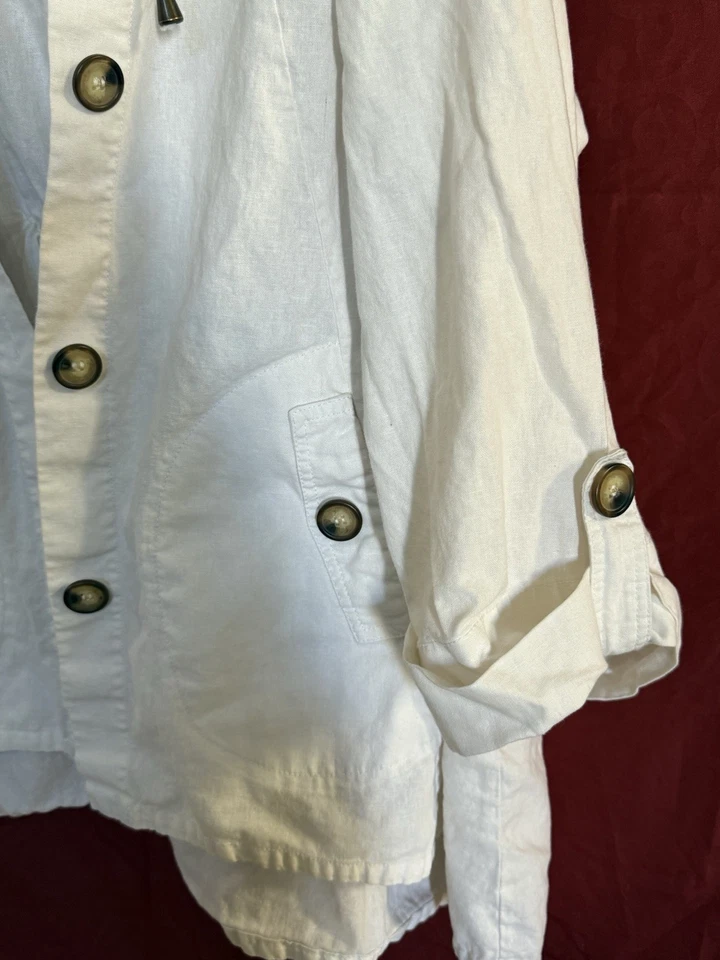 For Cynthia Woman 3X Linen Cotton Hooded Button Jacket White Roll Tab Casual - Image 2 of 4