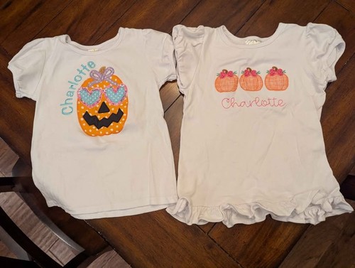 LOT OF TWO CHARLOTTE MONOGRAM EMBROIDERED PUMPKIN FALL SHIRTS 6T