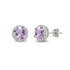 6mm Round-cut Halo Amethyst  Cubic Zirconia Sterling Silver Stud Earrings
