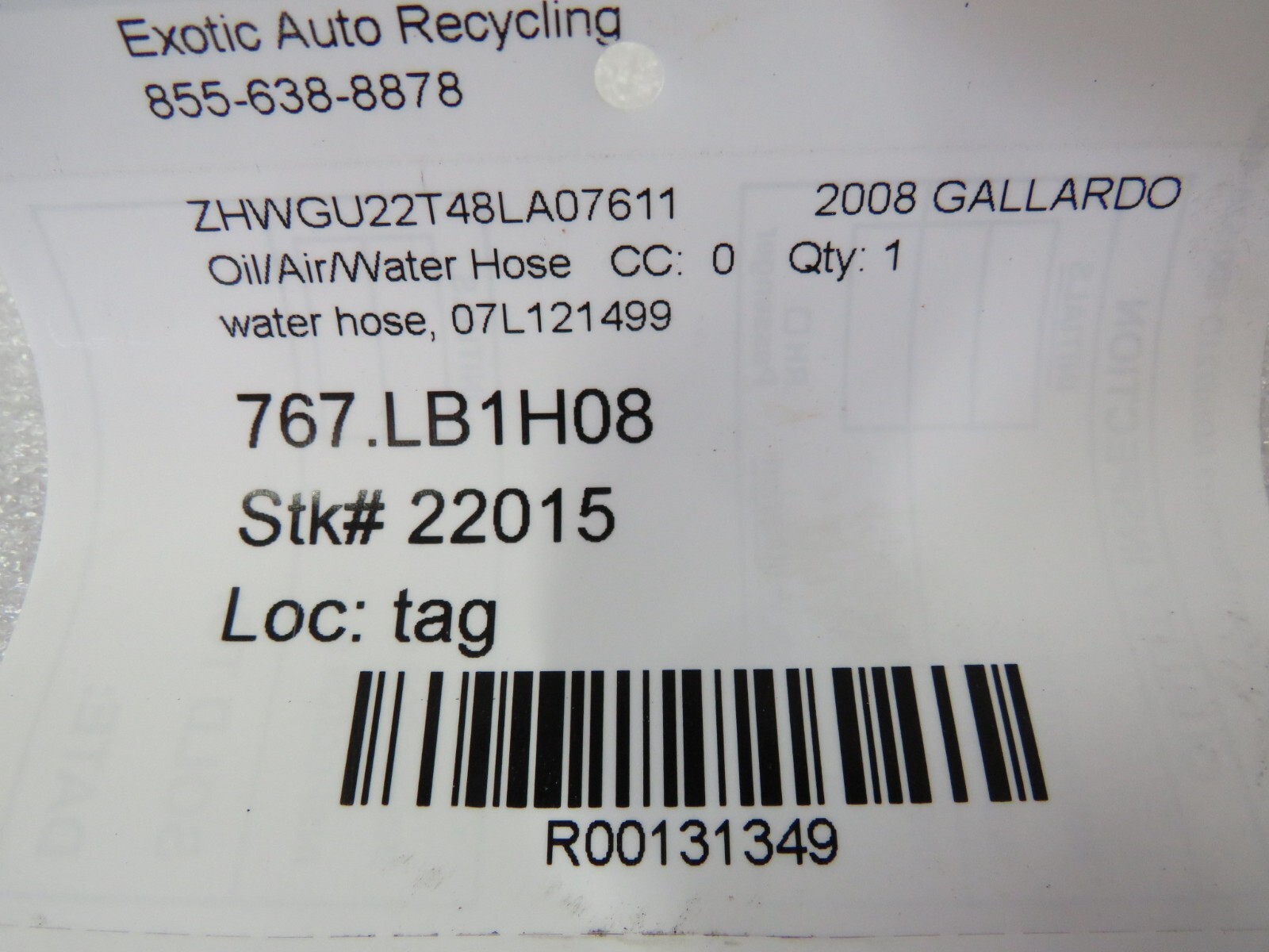 Lamborghini Gallardo, Spyder, Water Hose, Used, P/N 07L121499