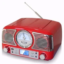 TechPlay QT62BT RED Retro Compact Stereo Bluetooth CD AM FM Radio USB Clock NEW
