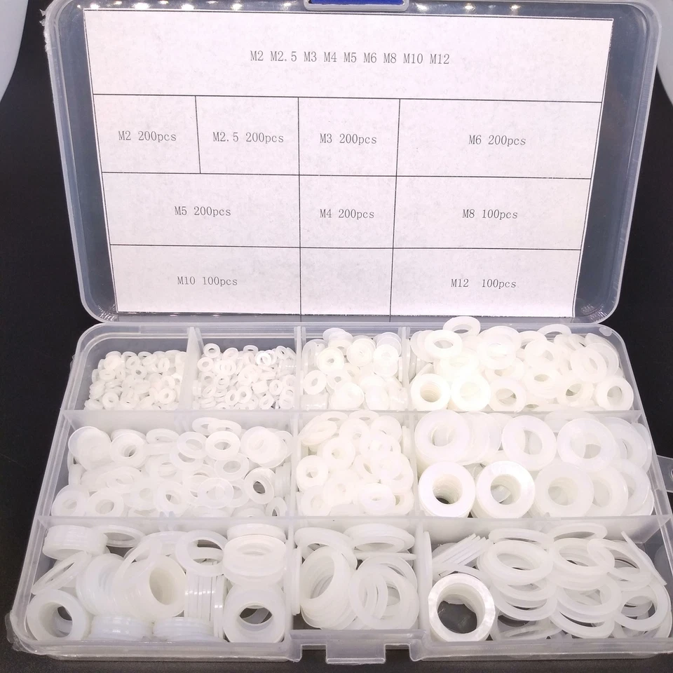 1500pcs White Nylon Flat Washers Assortment Kit US Stock