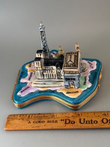 VTG Limoges France Deco Peint Main Porcelain Paris Trinket Box Map Notre Dame - Picture 4 of 18