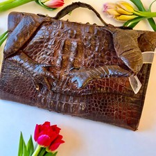 Authentic Vintage Alligator Skin Clutch Or Hand Carry Bag Brown