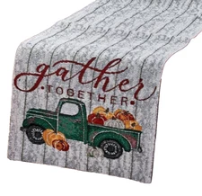 Long Tapestry Table Runner (13"x72") FALL, GREEN PUMPKINS TRUCK, GATHER TOGETHER