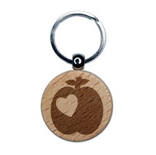 Apple with Heart Engraved Wood Round Keychain Tag Charm