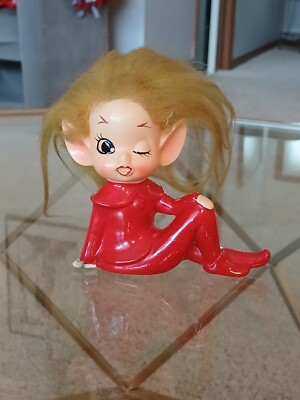 Vintage 1950 s Winking Pixie Elf Figurine Ceramic Pointy Ears, Wild Hair