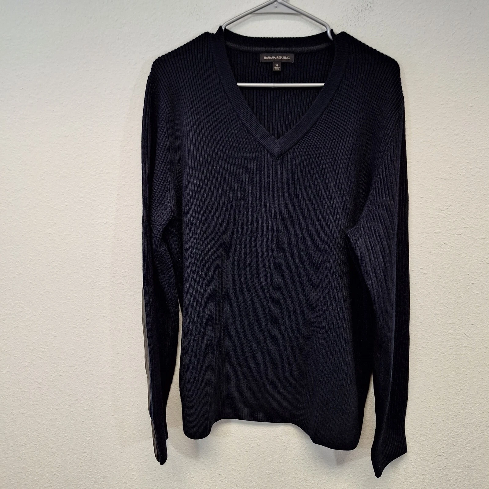 Banana Republic Merino Extra Fine Wool Sweater Faux Leather Patch Blue Sz XL