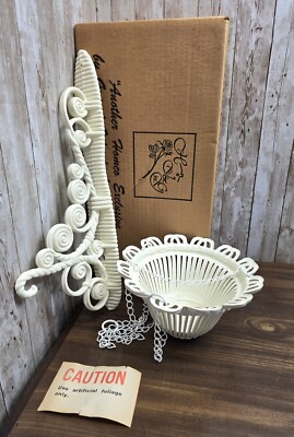 Vtg 1975 White Burwood Hanging Plant Basket & Wall Bracket w/Original Box Unused