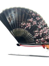 Vintage 20th C. Hand Painted Black Silk Fabric Foldable Hand Fan Asian Floral
