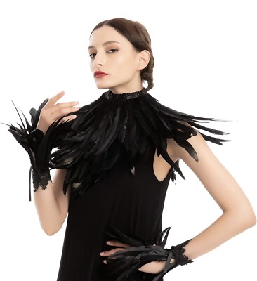 Black Evil Queen Accessories Set with Feather Shawl and Feather Cuff