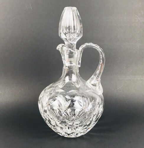Crystal Glass Wine Decanter  Handle Stopper Pressed Thumbprint & Fan Design 11” - Picture 1 of 11