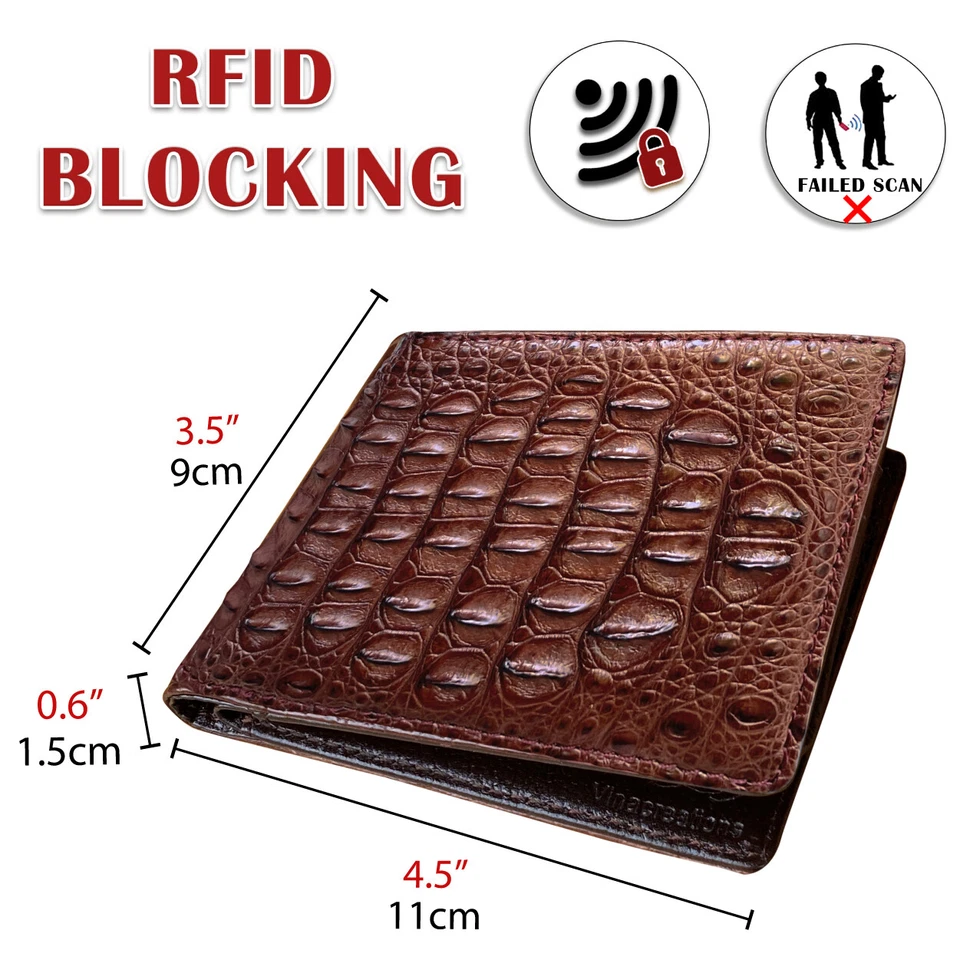 Cartera Doble Lado Marrón Cocodrilo Doble Plegable Hombres Cuero Genuino Billetera Foto 4 de 4