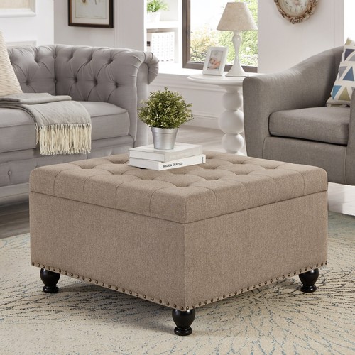 Square Storage Ottoman, Wooden Legs, Button Tufted, Nail Trim Coffee Table