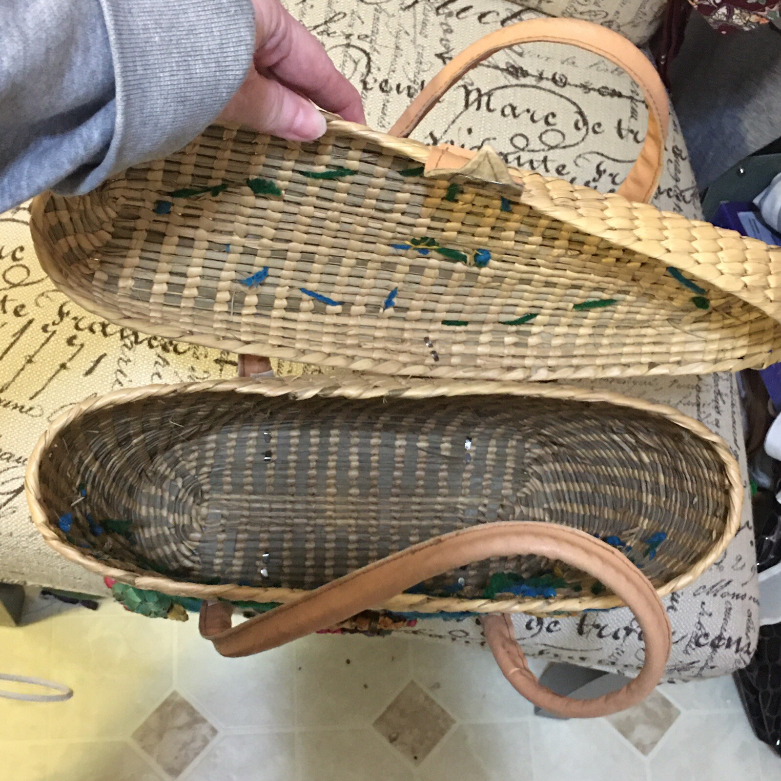 Vintage Straw Wicker Embroidered Basket Gem