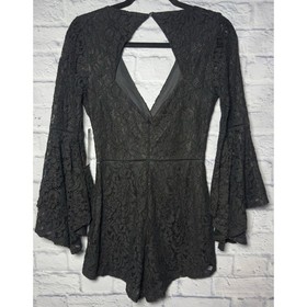 Lulus Black Lace Romper SMALL Ruffled Bell Sleeve Cutout Back Romantic Whimsgoth