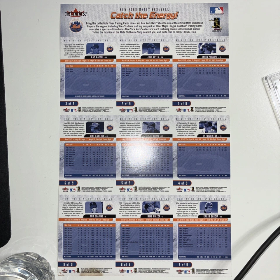 Hoja de tarjeta Fleer New York Post 2004 New York Mets Catch The Energy sin cortar Foto 2 de 2