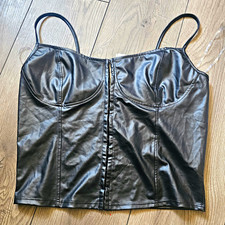SKY plus Black Faux Leather Bustier Corset Top XL D Hook & Eye Boned
